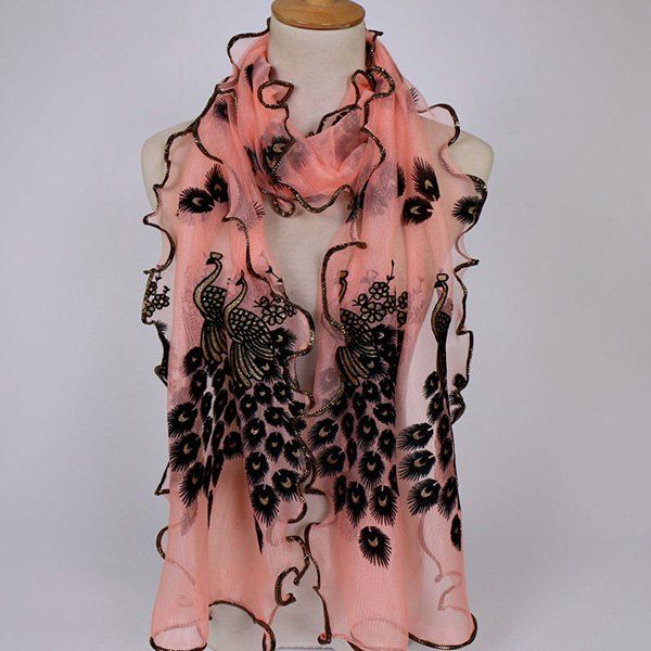 

Fine Gauze Peacock Floral Embroidery Chiffon Scarf, Light pink