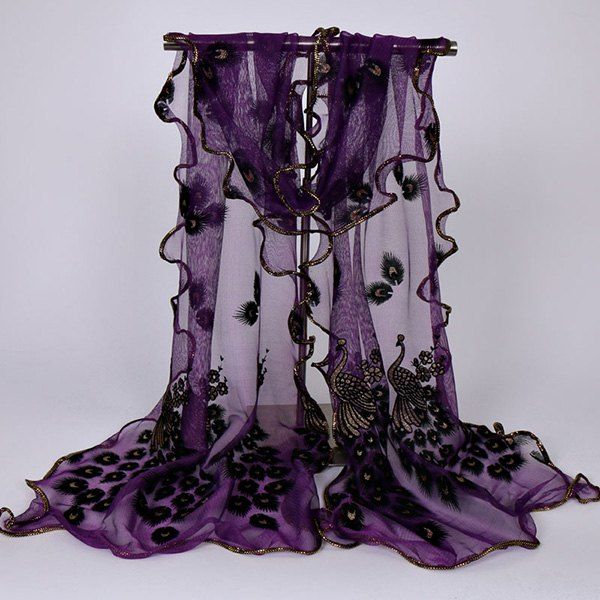 

Fine Gauze Peacock Floral Embroidery Chiffon Scarf, Deep purple