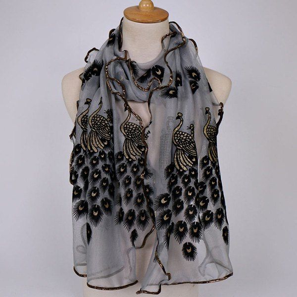 

Fine Gauze Peacock Floral Embroidery Chiffon Scarf, Smoky gray