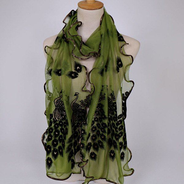 

Fine Gauze Peacock Floral Embroidery Chiffon Scarf, Army green