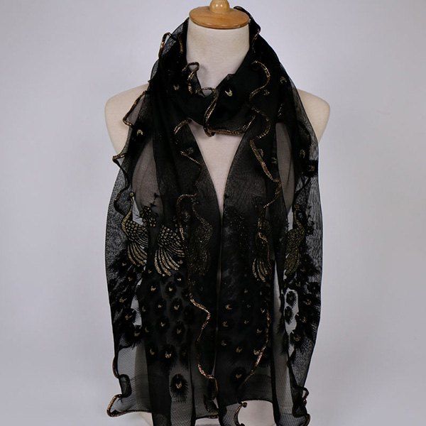 

Fine Gauze Peacock Floral Embroidery Chiffon Scarf, Black