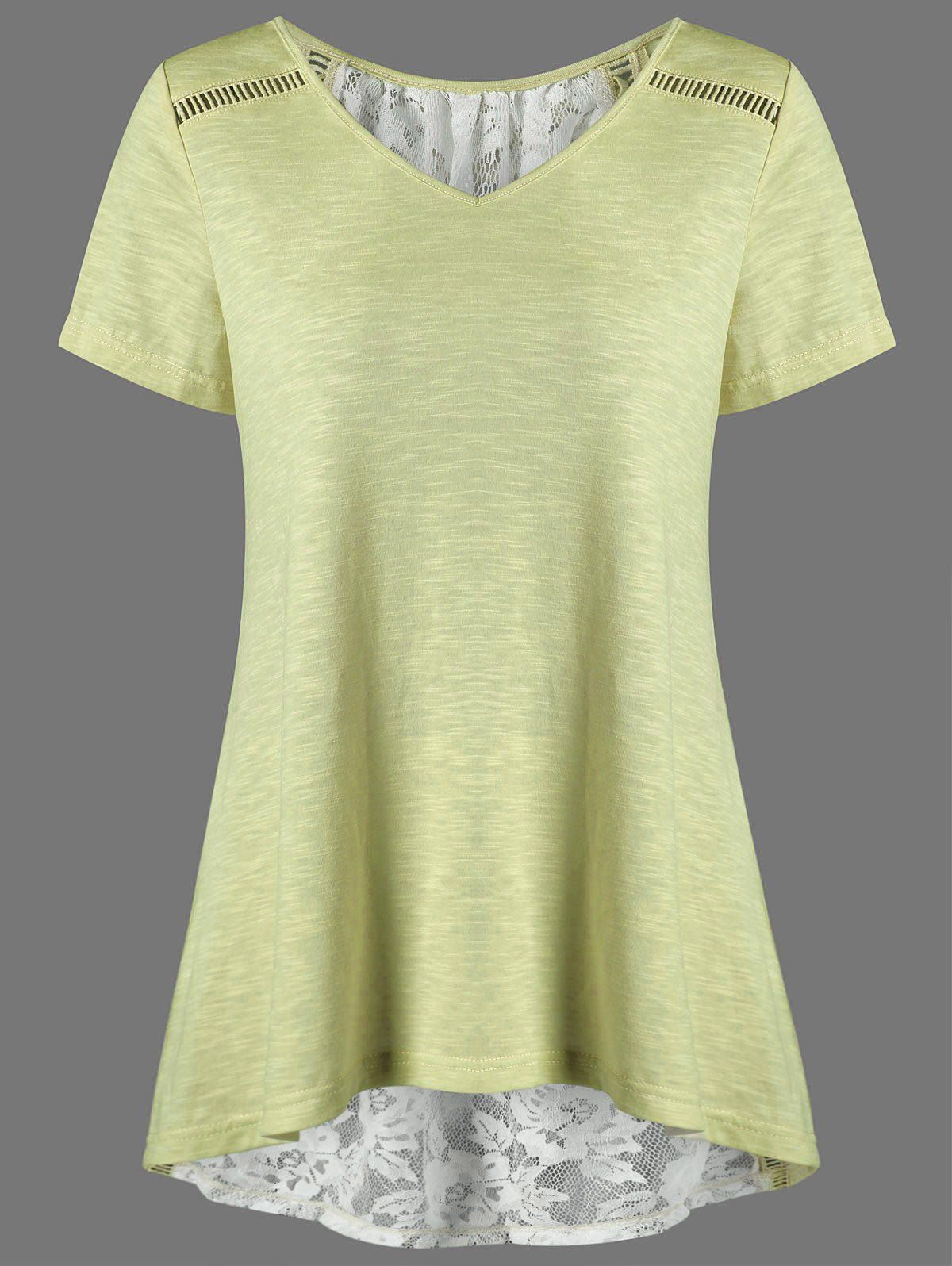 

V Neck Floral High Low Hem Lace Back T-Shirt, Yellow