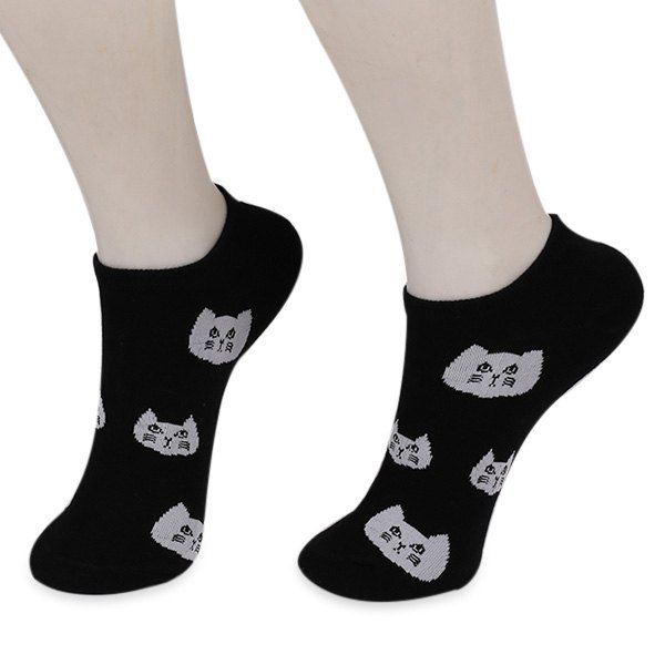 

Kintted Cats Heads Pattern Ankle Socks, Black
