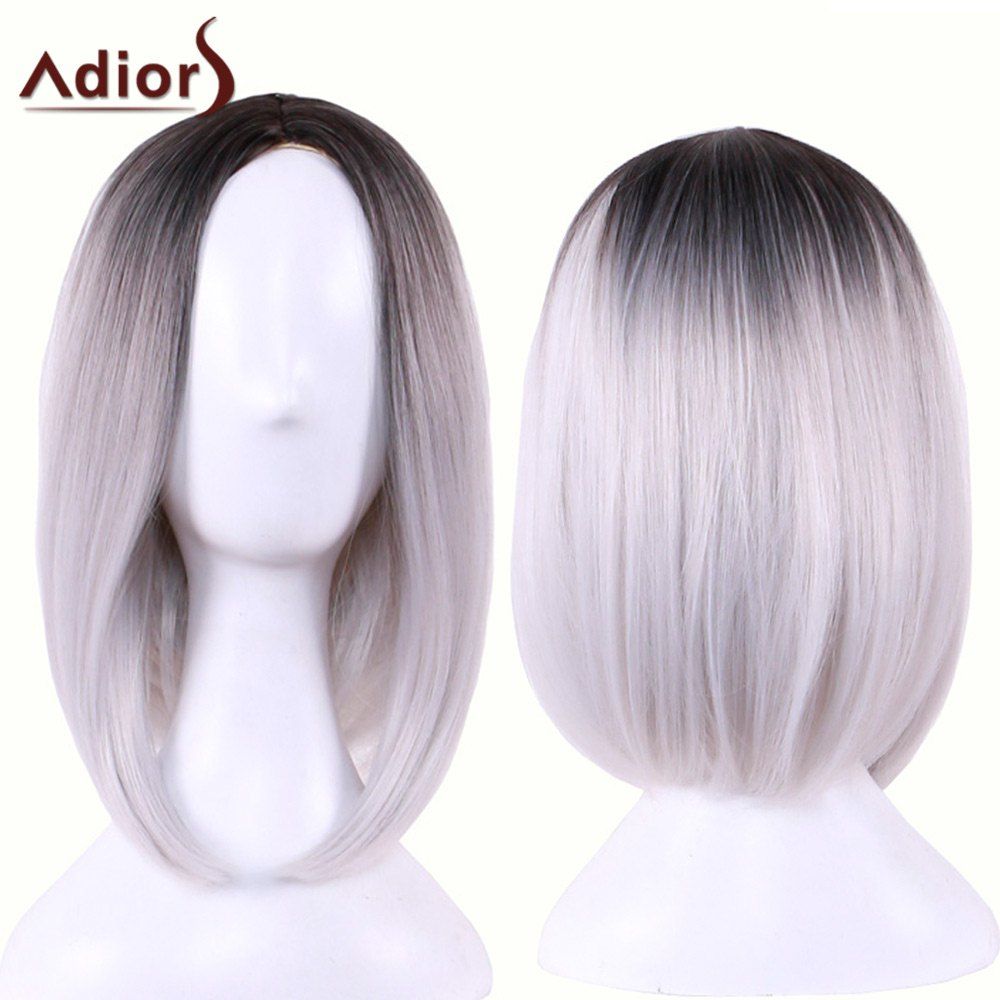 

Adiors Straight Middle Part Ombre Medium Bob Cosplay Lolita Wig, Black grey
