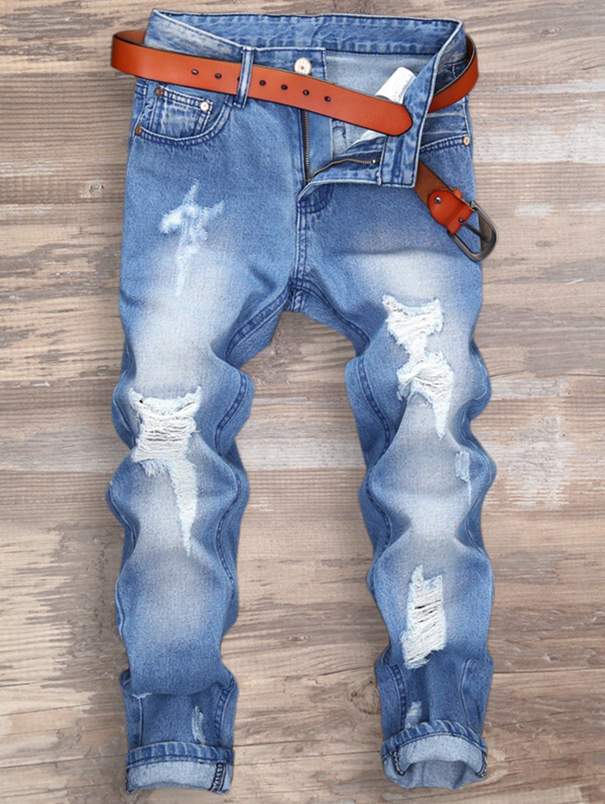 

Zipper Fly Distressed Nine Minutes of Jeans, Light blue