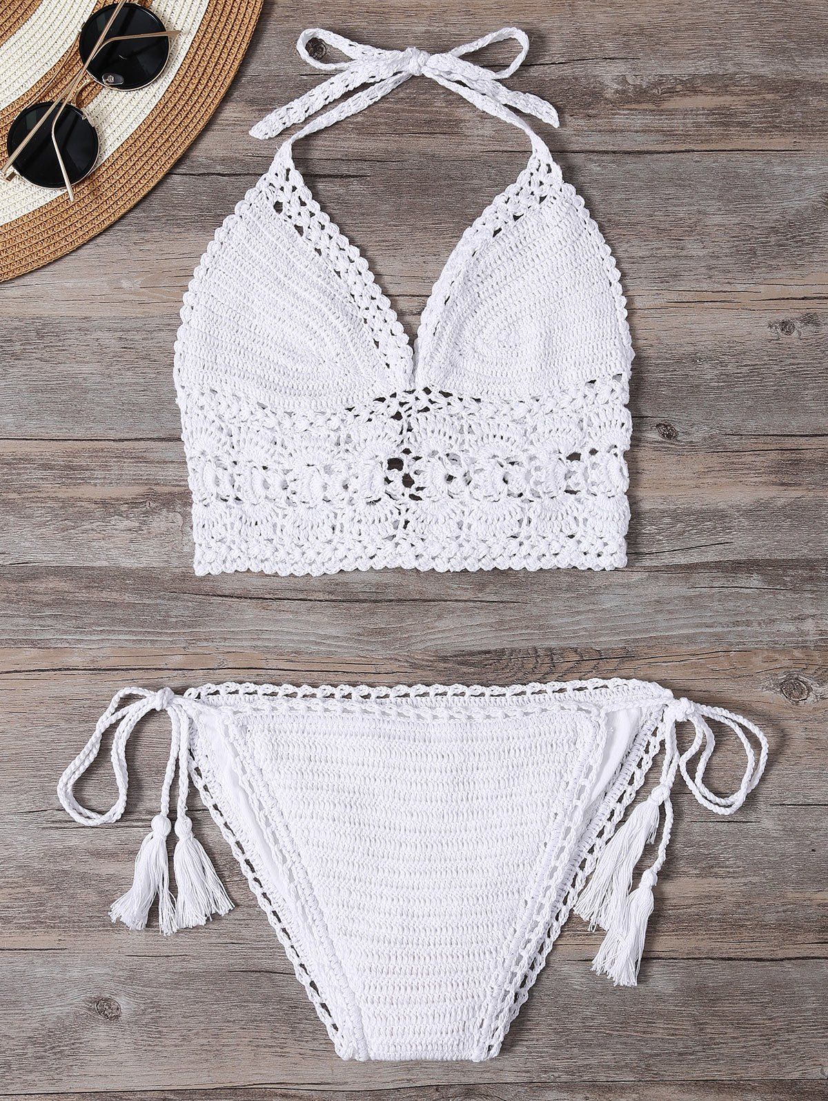 Off Unlined Halter Crochet Bikini Bathing Suit Rosegal