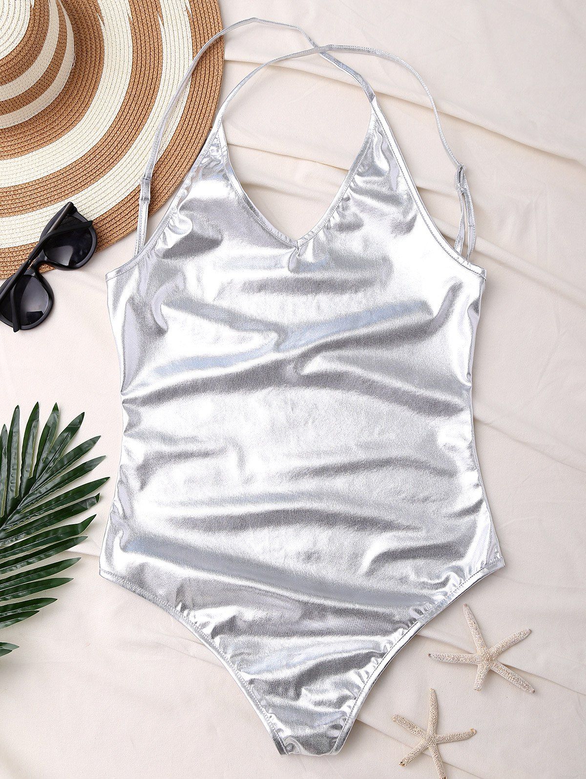 [34 OFF] Metallic Backless Onepiece Swimsuit Rosegal