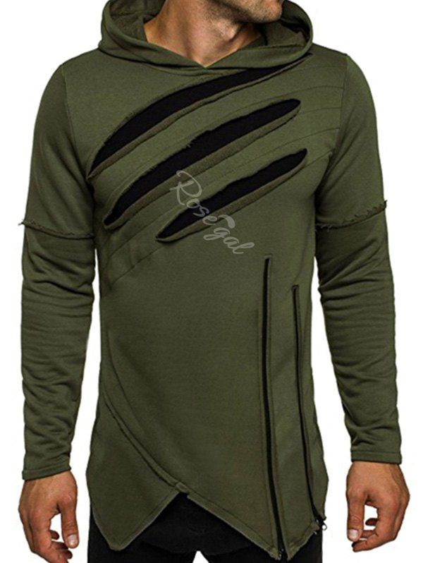 

Zip Embellished Distressed Asymmetric Hoodie, Army green