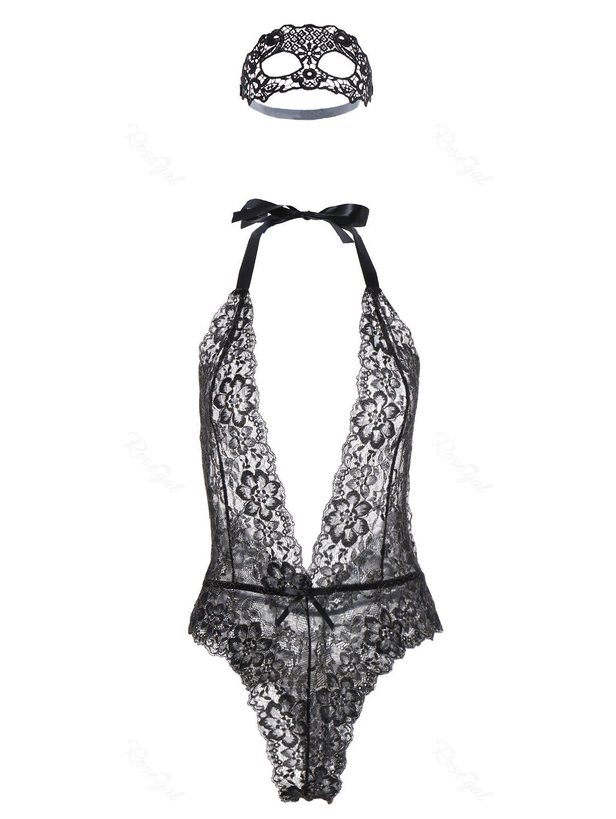 

Plus Size Halter Lace Backless Bodysuit, Black