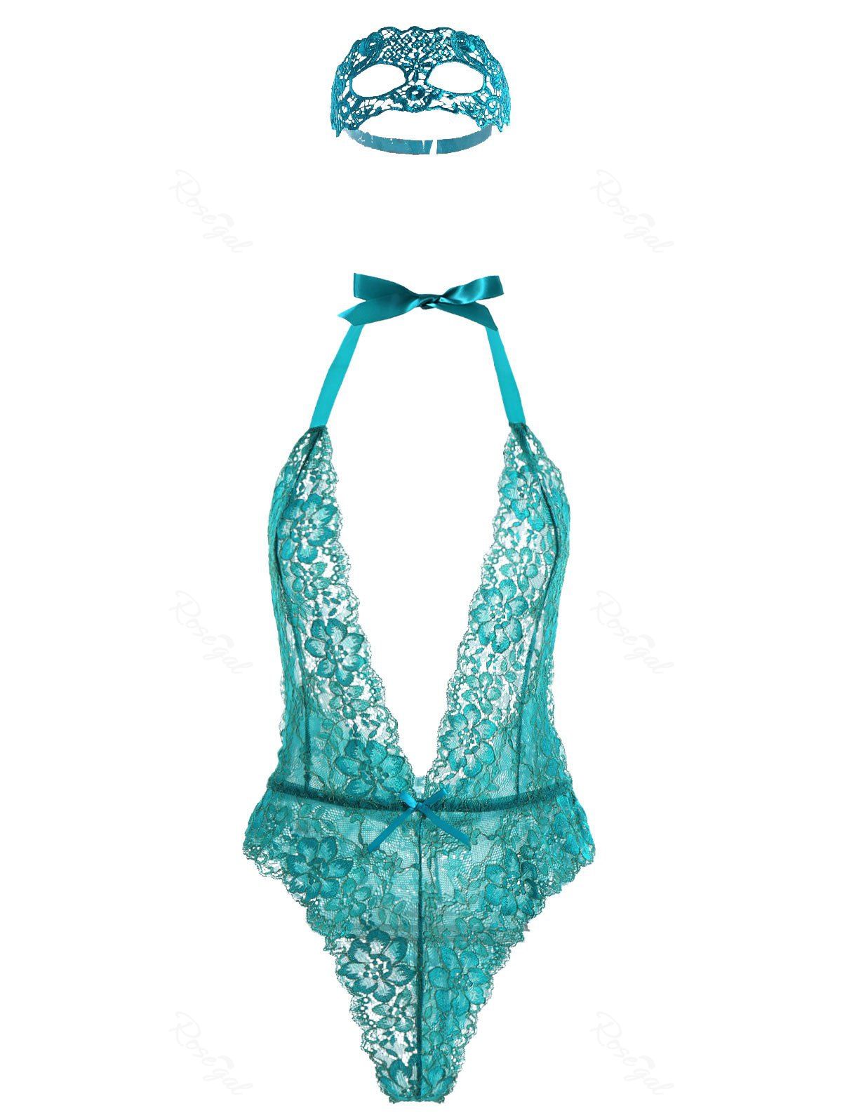 

Plus Size Halter Lace Backless Bodysuit, Green
