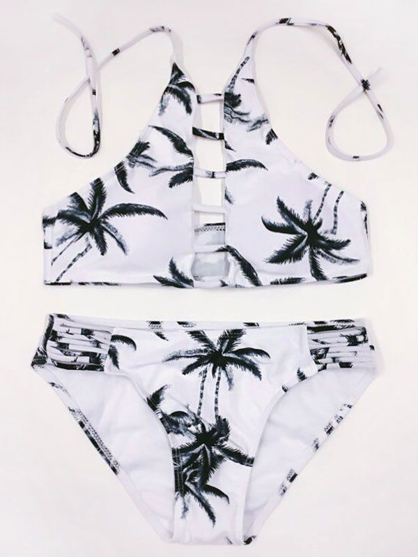 2018 High Neck Halter Strappy Tropical Print Bathing Suit In Colormix S