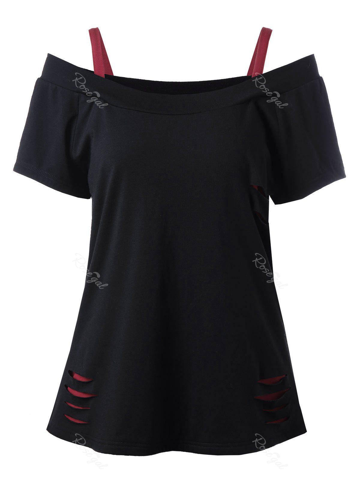 

Plus Size Dew Shoulder Ripped Tee, Red with black