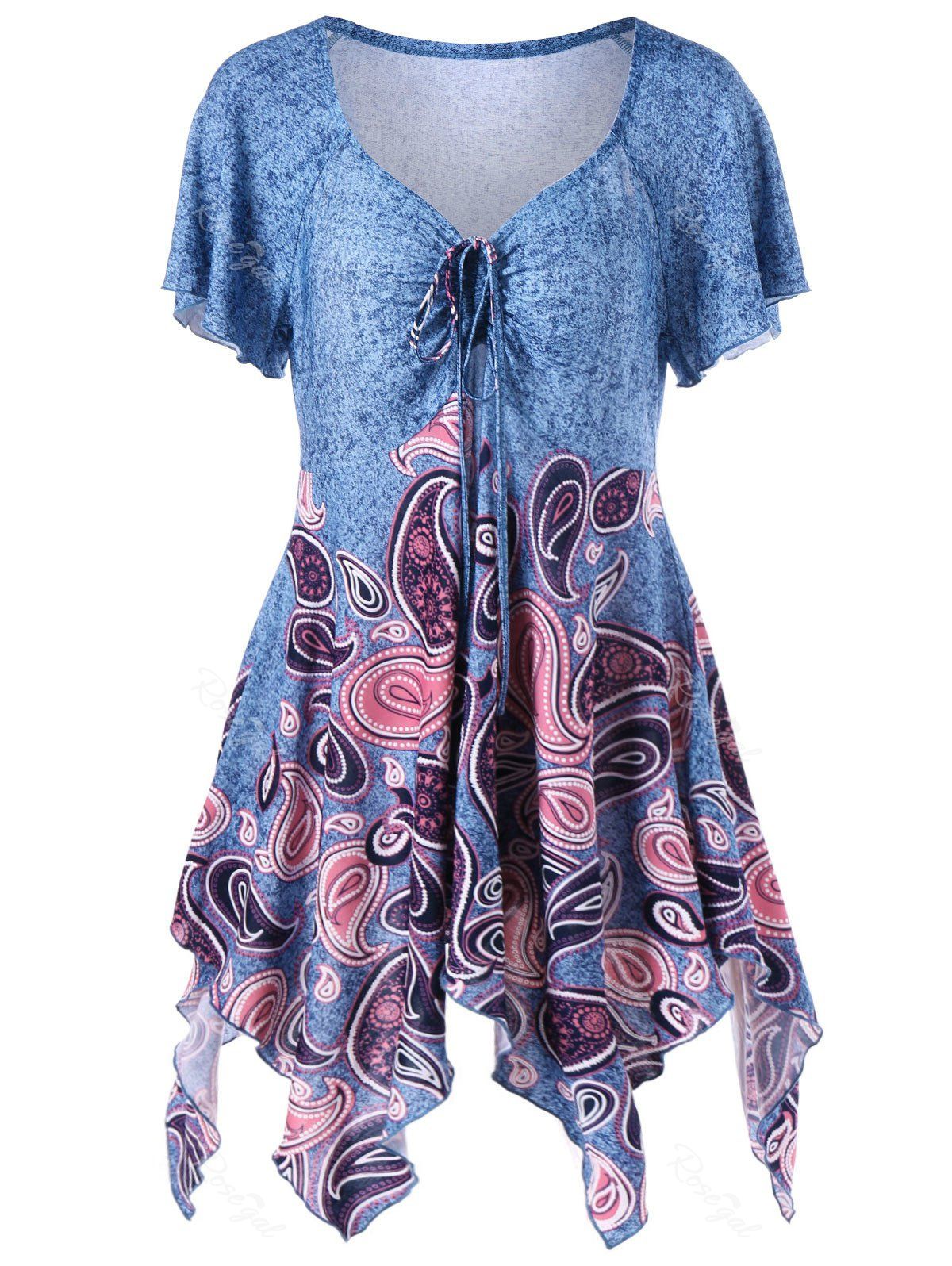 

Empire Waist Paisley Plus Size Asymmetric T-Shirt, Blue