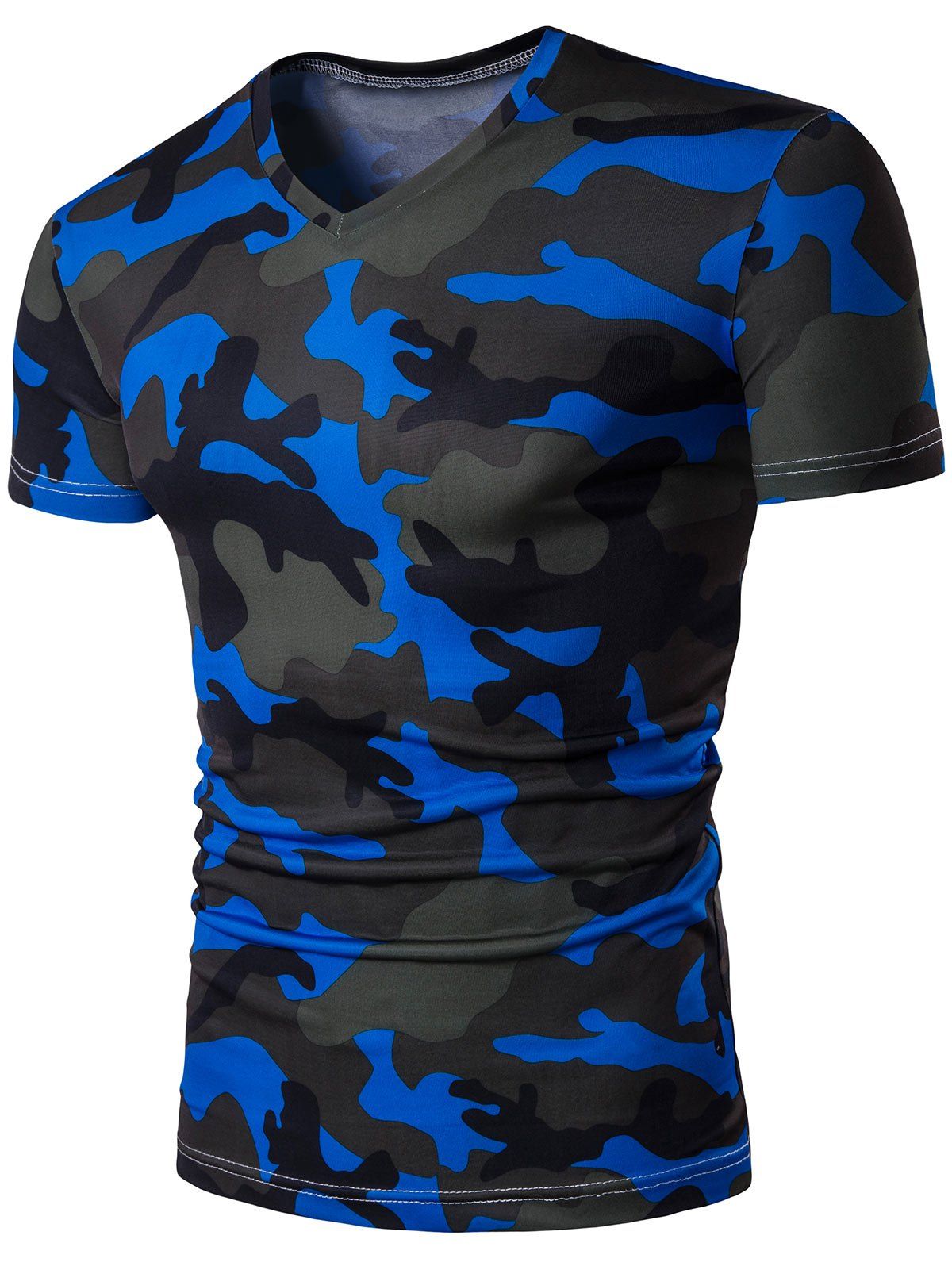 

V Neck Short Sleeve Camo Tee, Blue