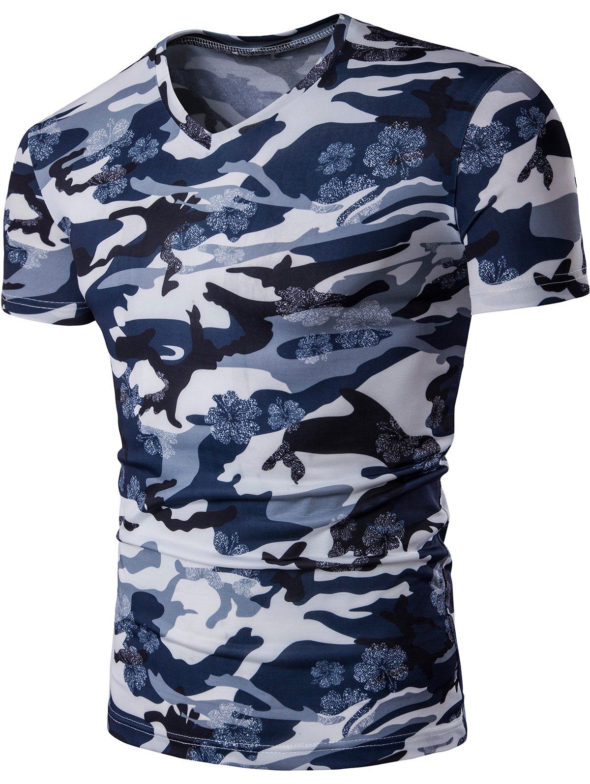 

V Neck Floral Camouflage Tee, Blue gray