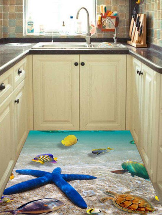 

3D Beach Starfish Kitchen Floor Wall Sticker, Lake blue