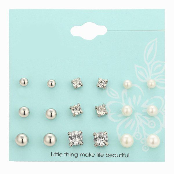 

Faux Pearl Rhinestone Stud Earrings Set, Silver
