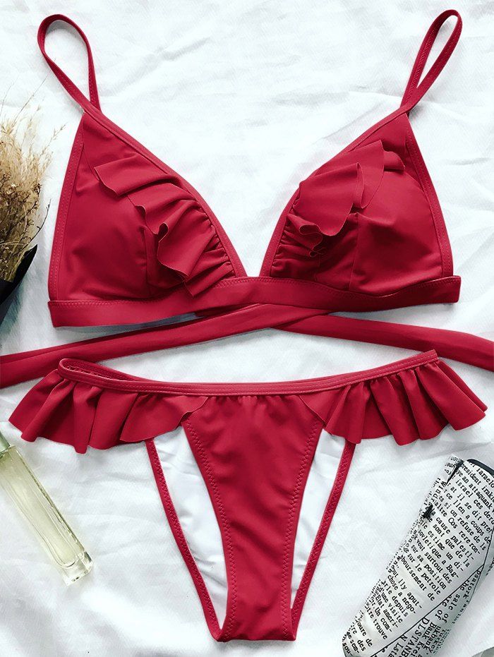 

Padded Cami Frilly High Leg Bikini, Red