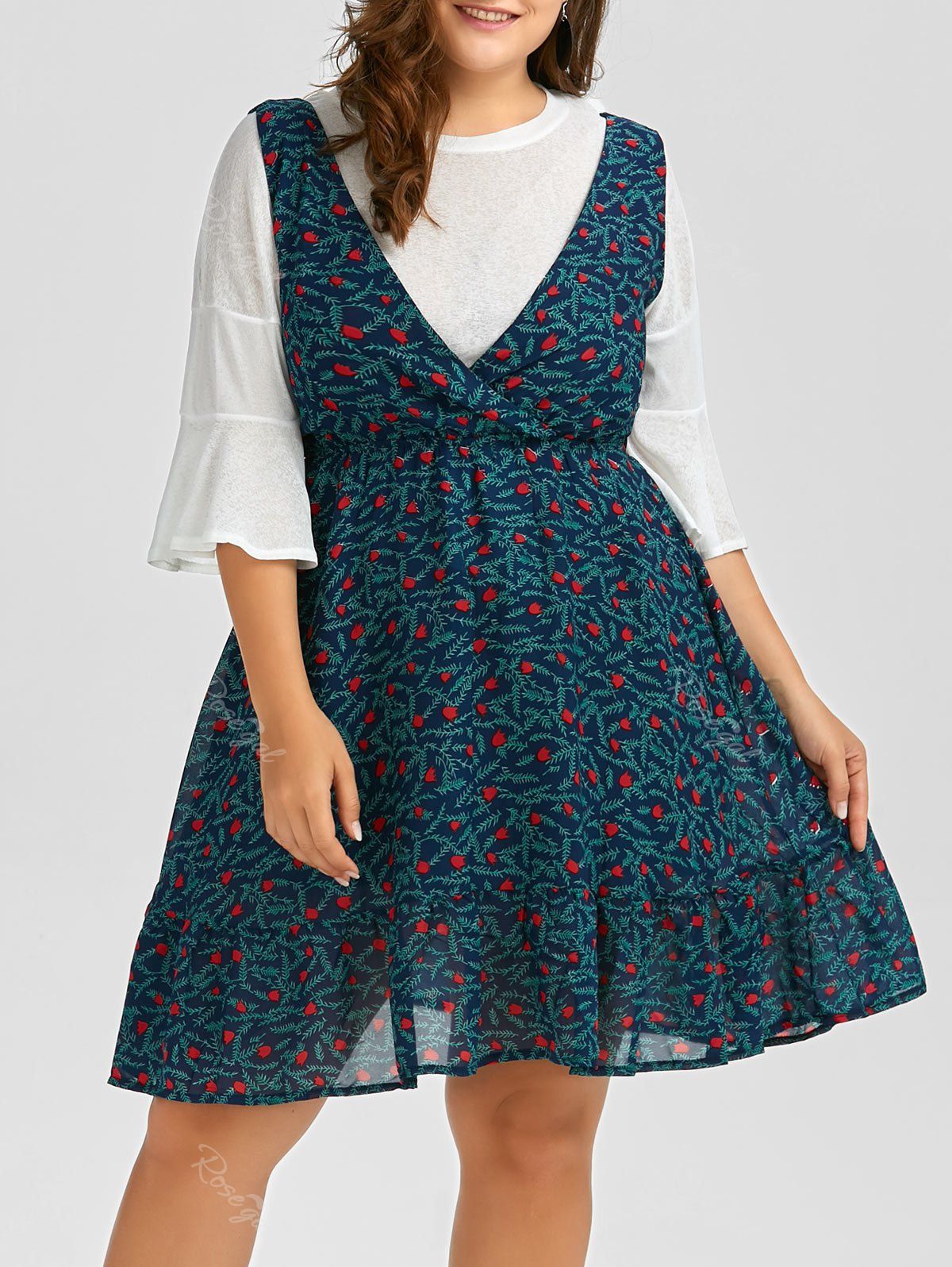 Online Plus Size Leaf Chiffon Pinafore Dress and Flare Sleeve T-Shirt  