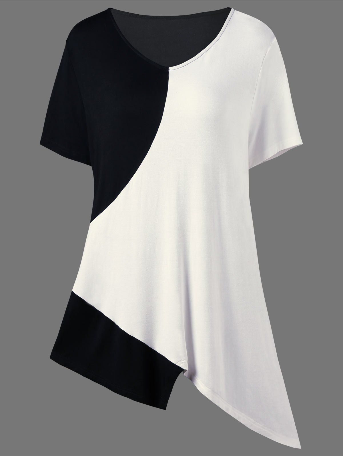 

Asymmetrical Color Block Plus Size Long T-Shirt, White and black