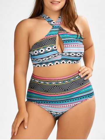 Colormix Xl Tropical Palm Floral Halter Plus Size Ladder Cut Bikini Rosegal Com