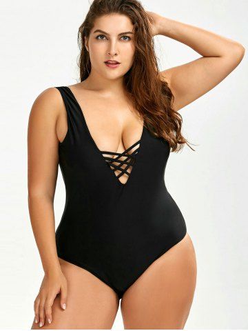 

Plus Size Lattice Cut Backless Swimwear, Black