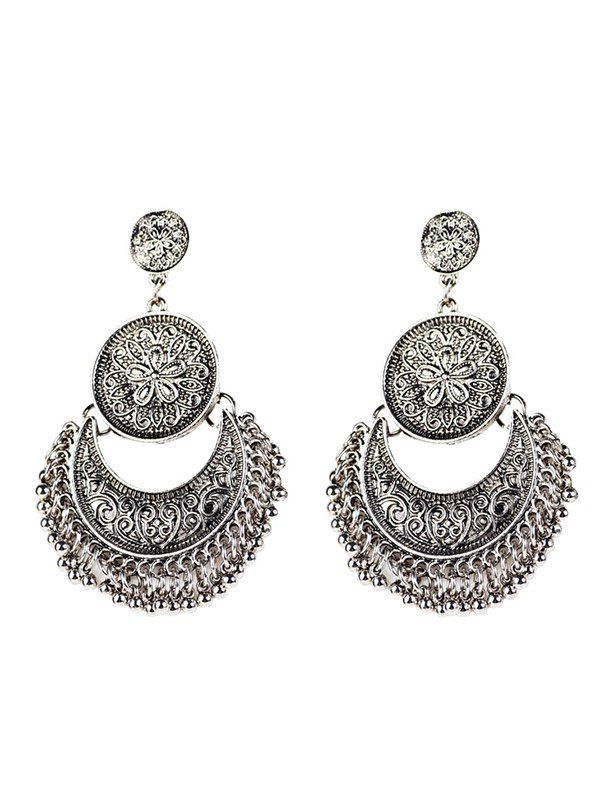 

Vintage Engraved Flower Moon Beads Earrings, Silver