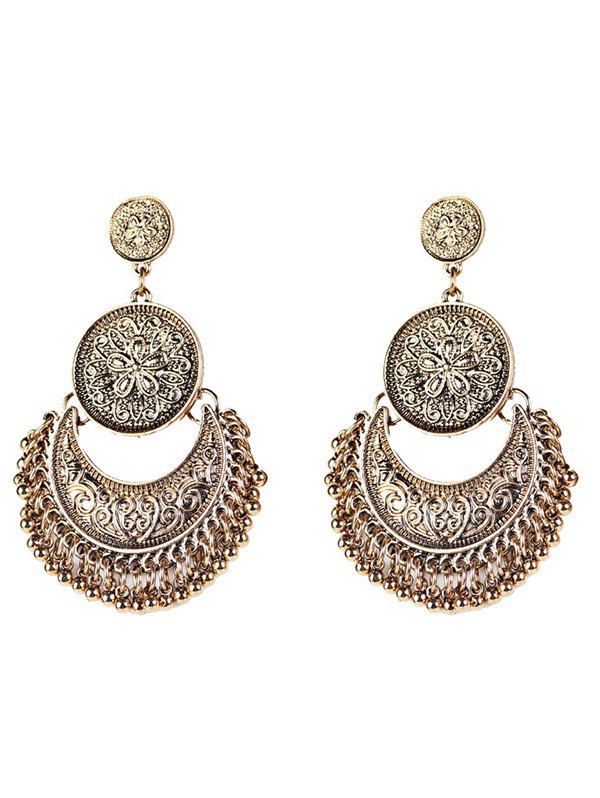 

Vintage Engraved Flower Moon Beads Earrings, Golden