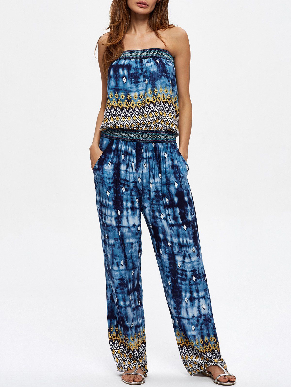 Discount Tie Dye Strapless Jumpsuit with Pockets  