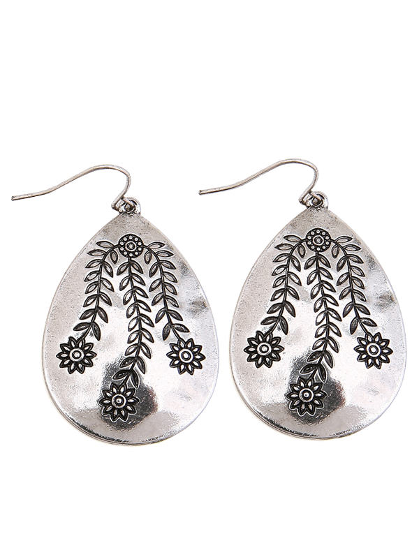 

Engraved Flower Leaf Alloy Teardrop Earrings, Silver