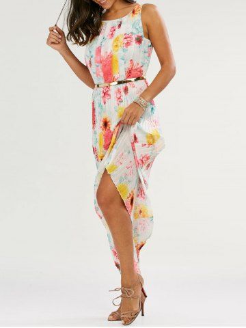2018 Floral Print Pleated Maxi Dress In White Xl | Rosegal.com