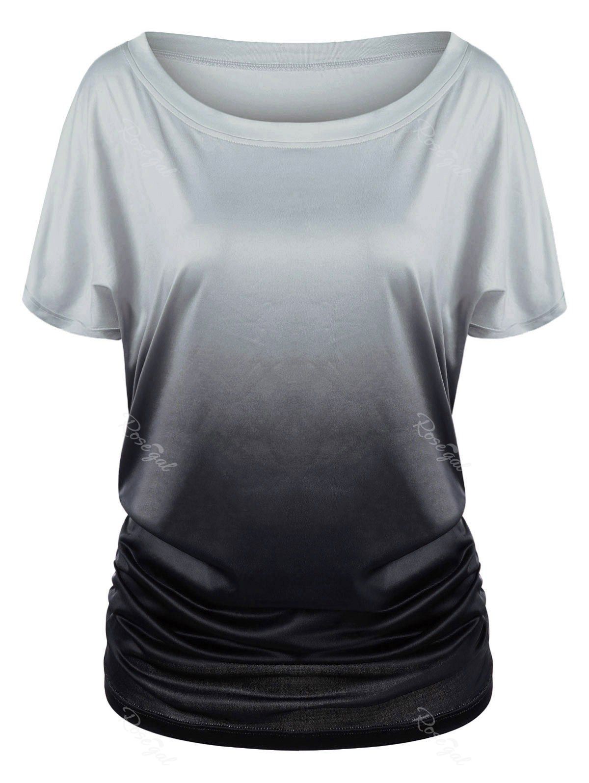 

Ombre Shirred Side Plus Size Long T-Shirt, Black and grey