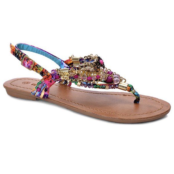 [62% OFF] Beads Chains Floral Print Sandals | Rosegal
