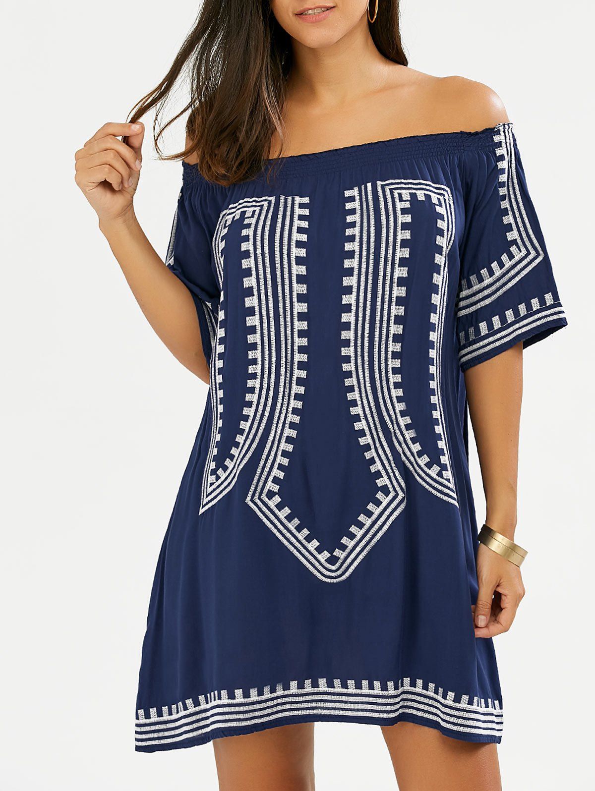 2018 Embroidered OFF The Shoulder Summer Boho Shift Dress In Cadetblue ...