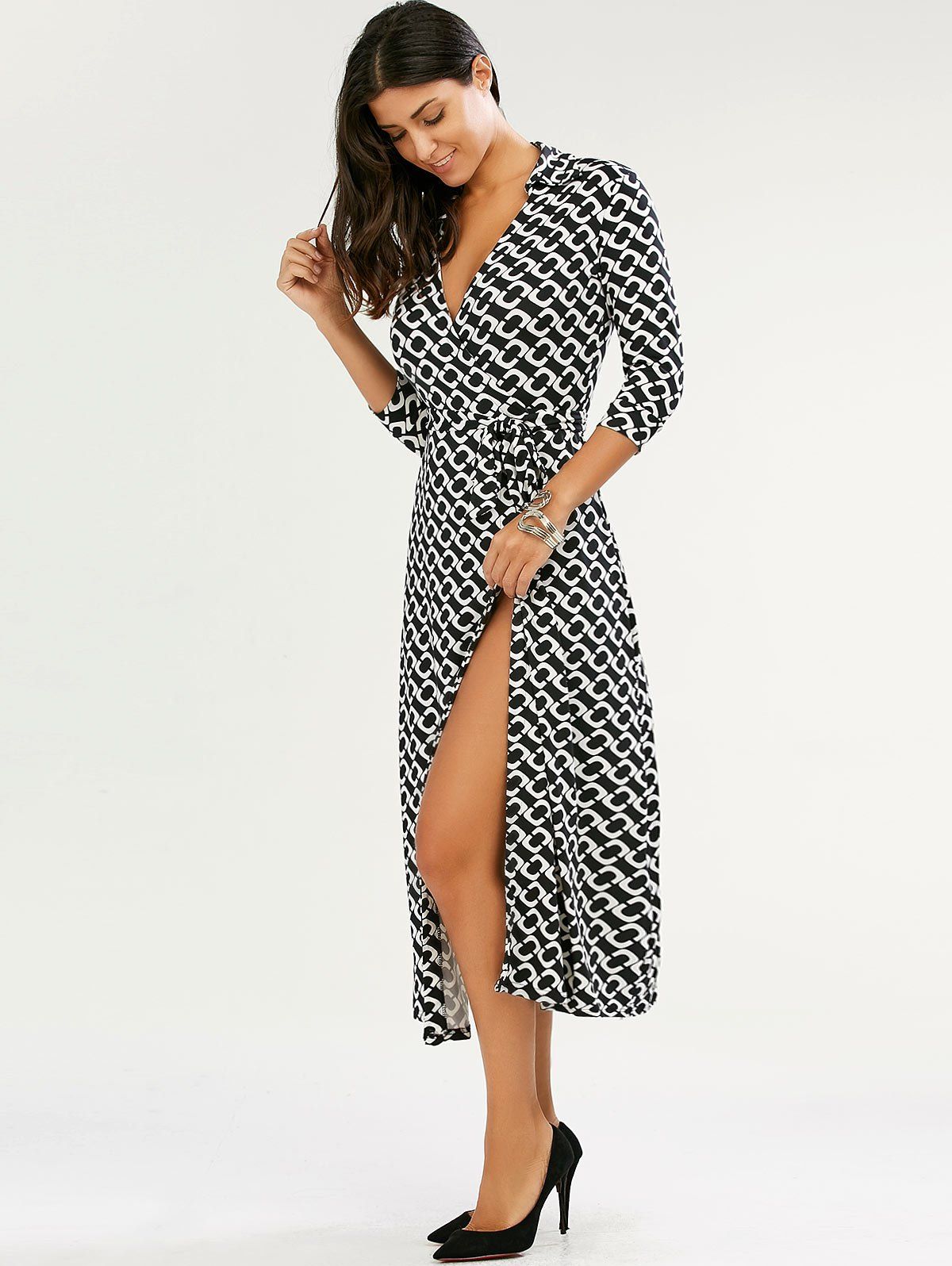 Affordable Maxi Plunge Patterned Wrap Dress  