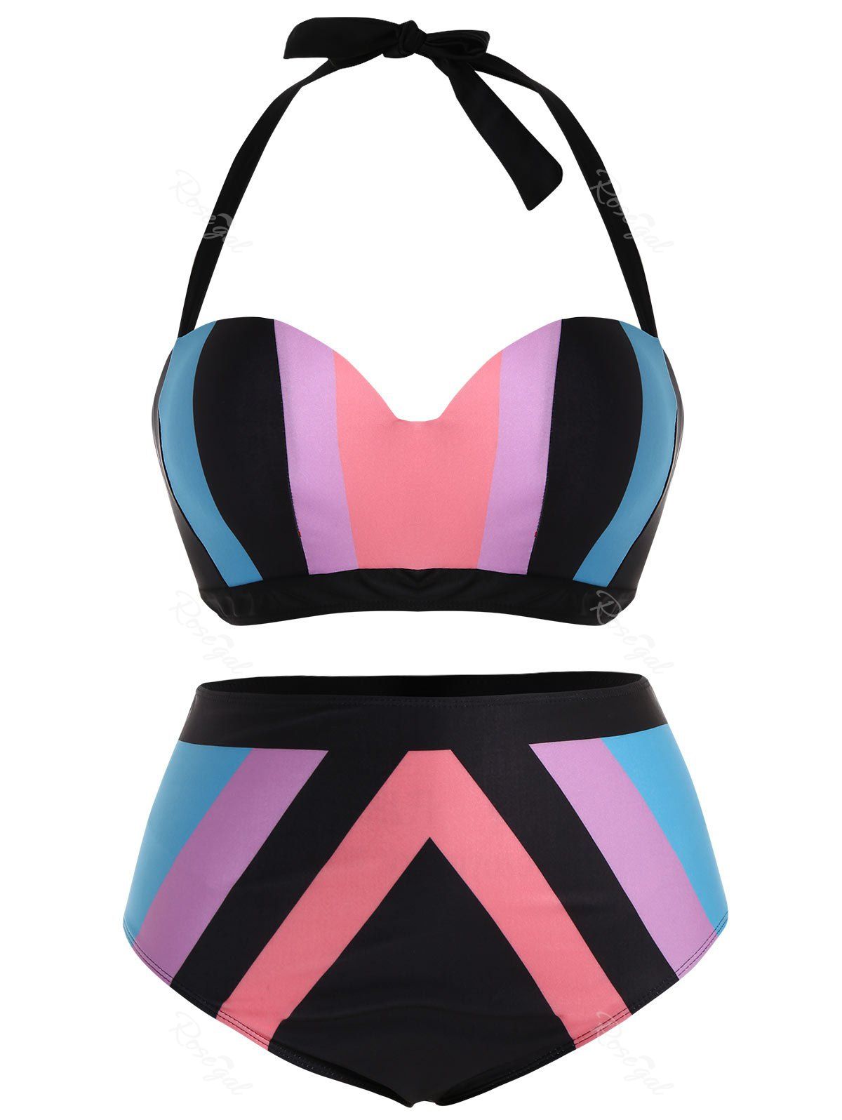 

High Waist Plus Size Halter Top Bikini, Colormix