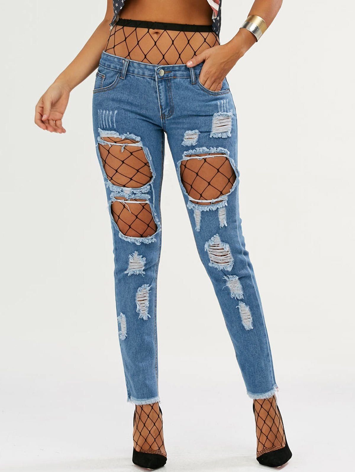 Chic High Waisted Fishnet Tights with Ninth Ripped Jeans  