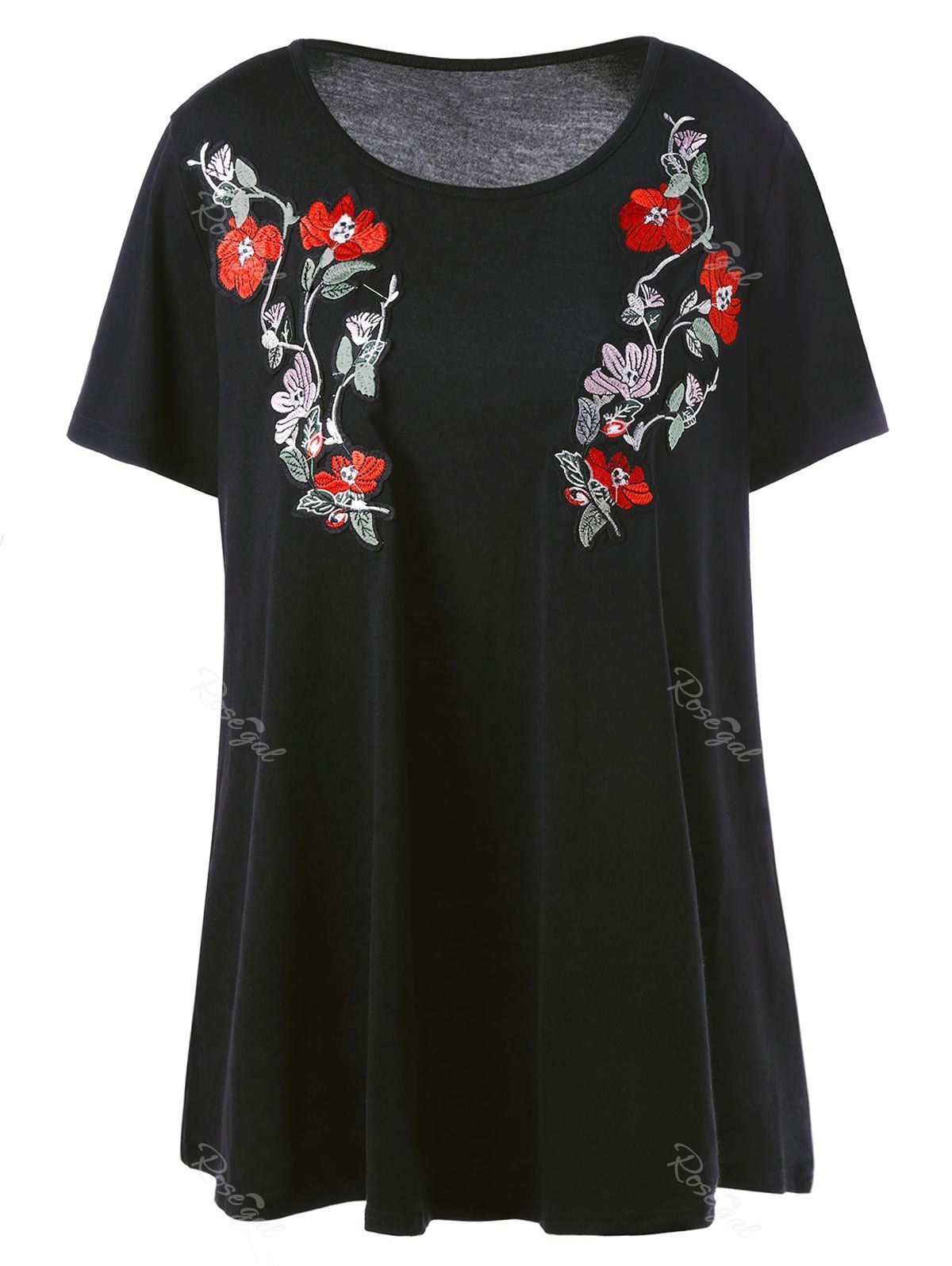 [9% OFF] Long Casual Plus Size Embroidered Floral T-Shirt | Rosegal