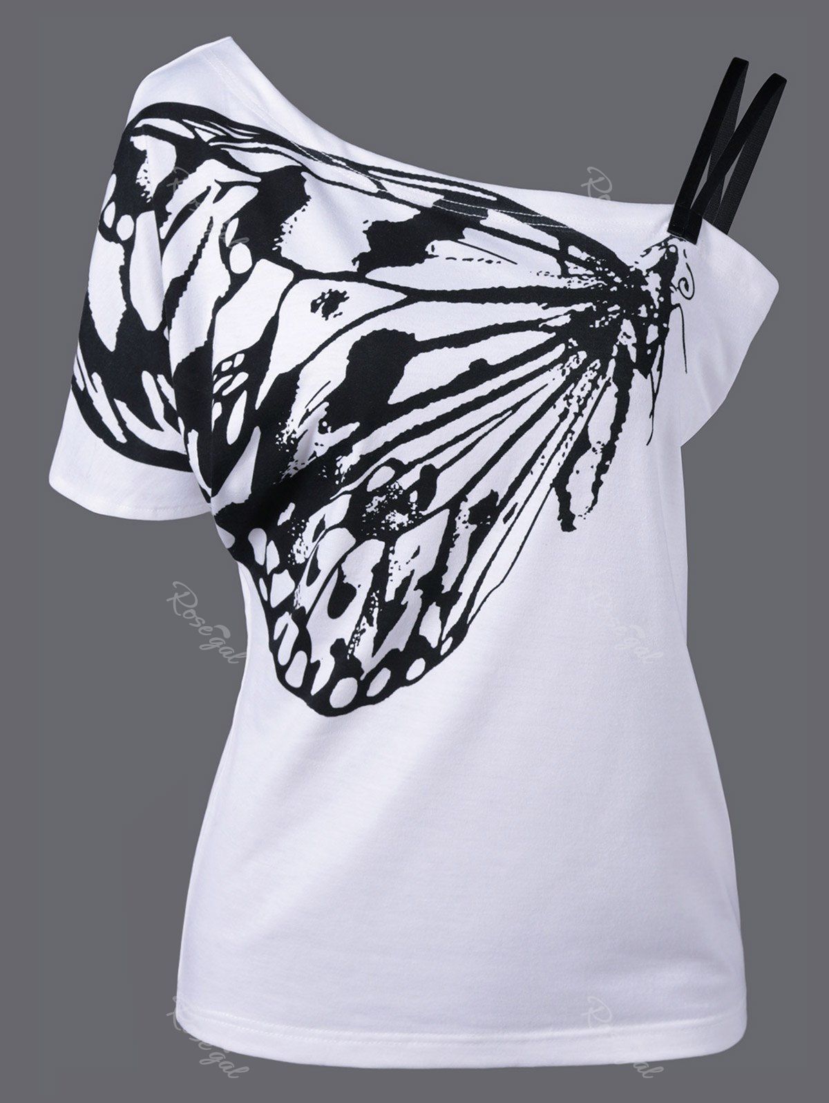 

One Shoulder Butterfly Pattern Plus Size T-Shirt, Off-white