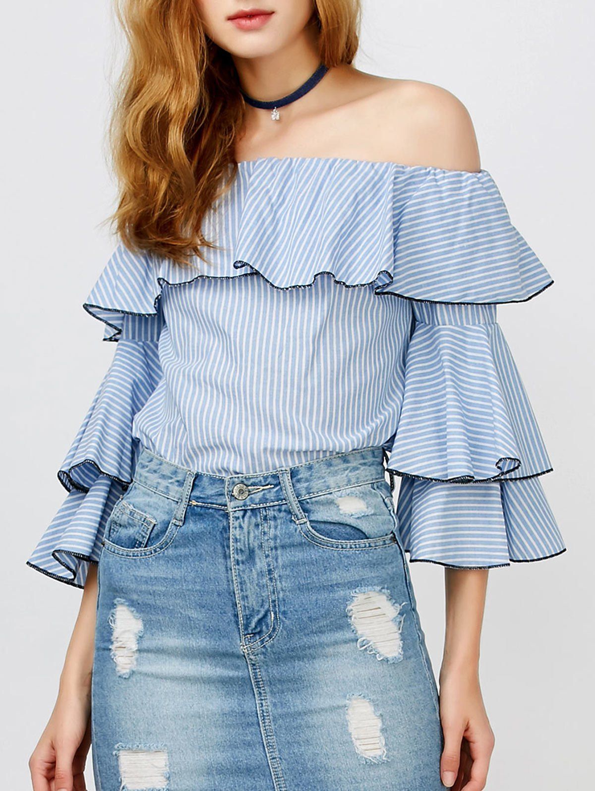 [82 Off] Ruffle Stripe Off The Shoulder Top Rosegal