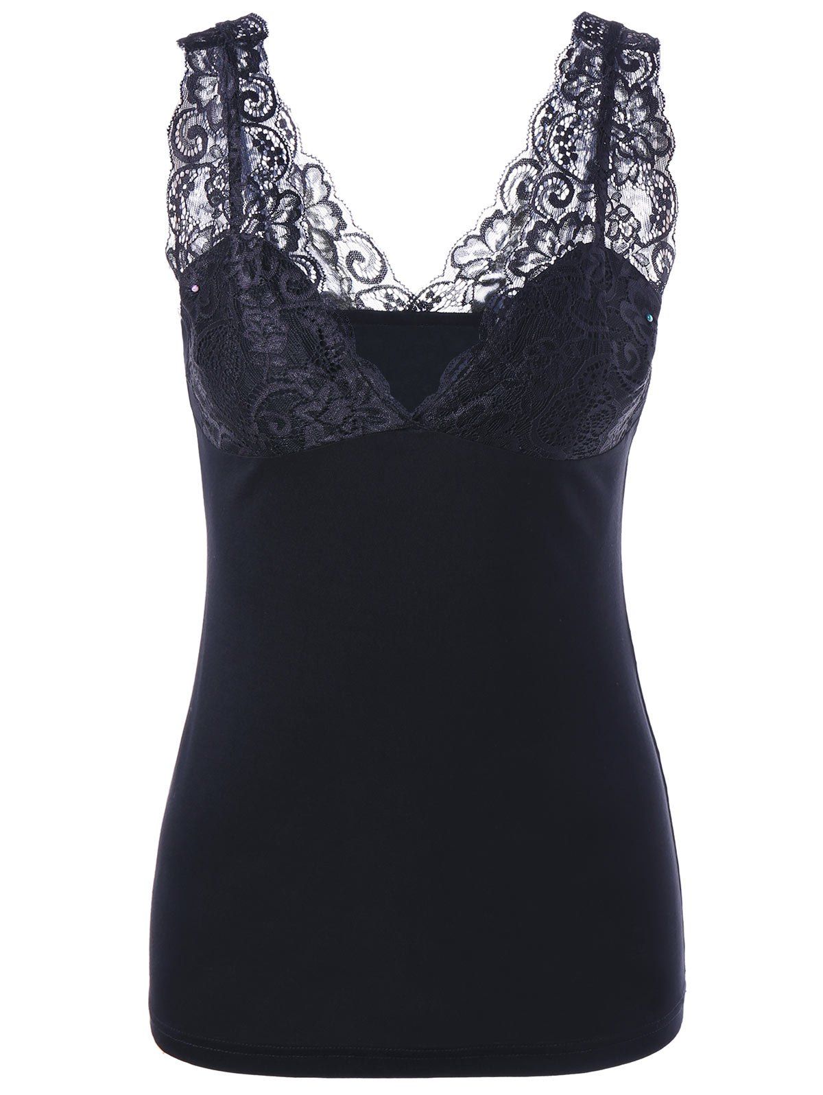 

Low Cut Lace Trim Tank Top, Black