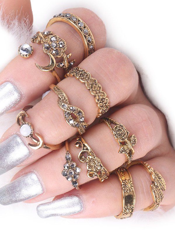 

Moon Leaf Rose Flower Alloy Finger Ring Set, Golden