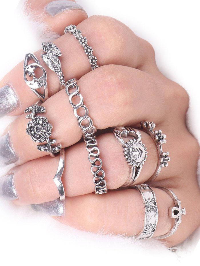 

Sun Star Moon Flower Alloy Ring Set, Silver