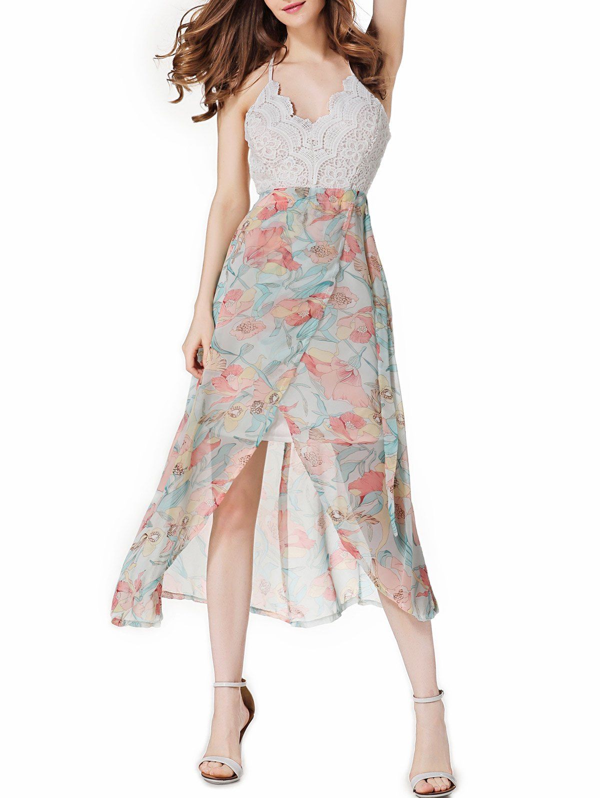 Best Tea Length Open Back Floral Slip Party Dress  