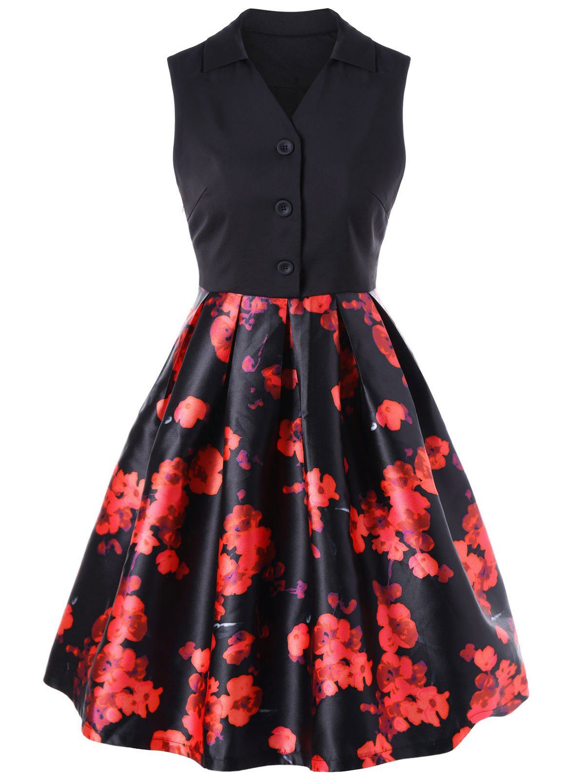 [41 OFF] Retro Floral Knee Length Dress With Back Bowtie Rosegal
