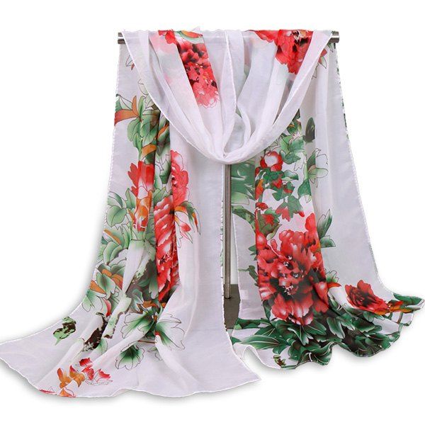 

Floral Blossom Wash Painting Shawl Scarf, Red stripe