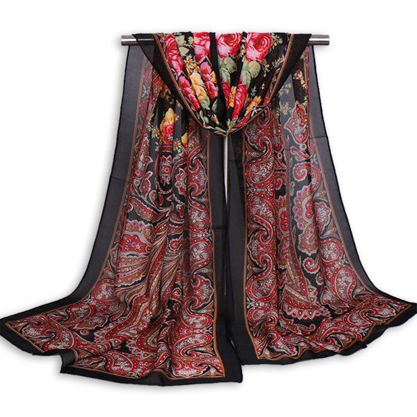 

Vintage Arab Paisley Printed Shawl Scarf, Black red