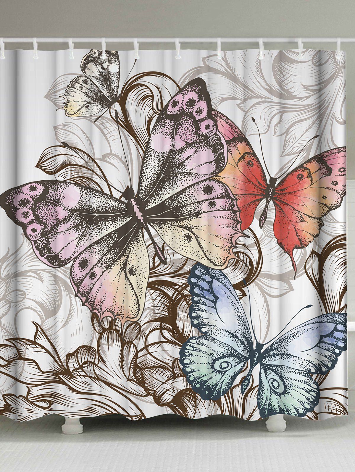 2018 Vintage Fabric Butterfly Print Shower Curtain In Colormix W59inch