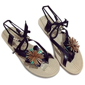 Flower Beads Tie Up Flat Sandals