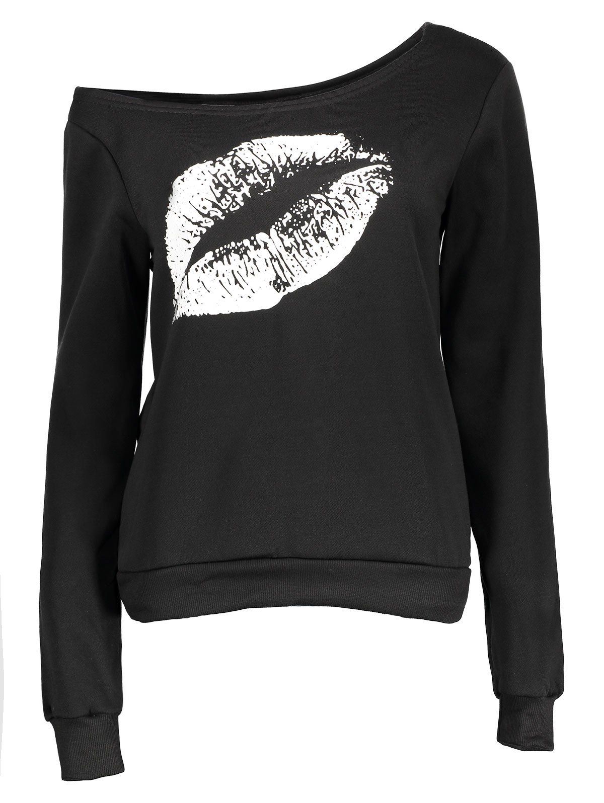 

Skew Collar Lip Print Sweatshirt, White and black